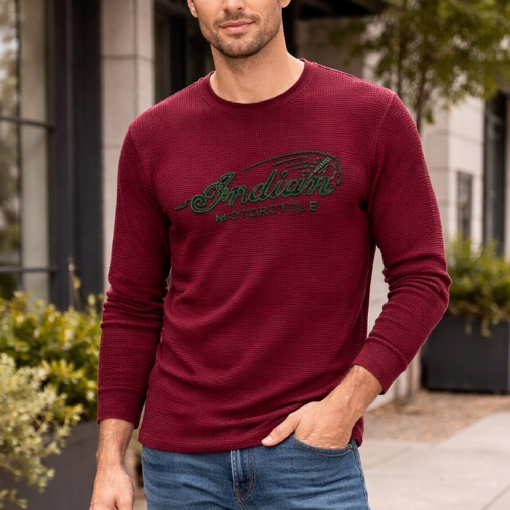 Y2K Lucky Brand Ribbed Thermal Crewneck Sweatshirt - Burgundy Size L